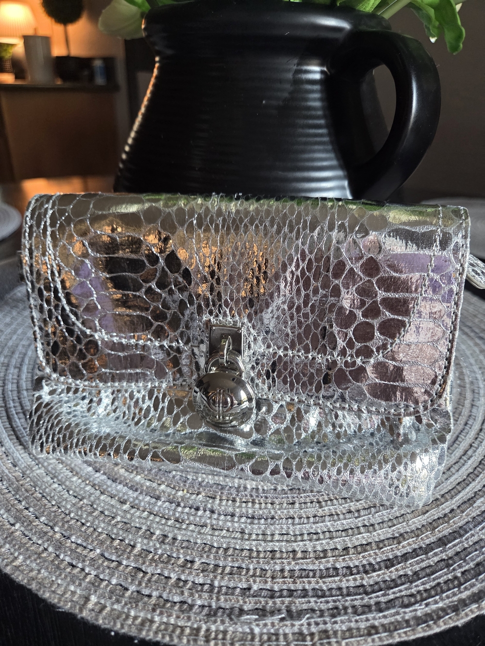 Metallic Silver Embossed Snake-Effect Women’s Clutch
